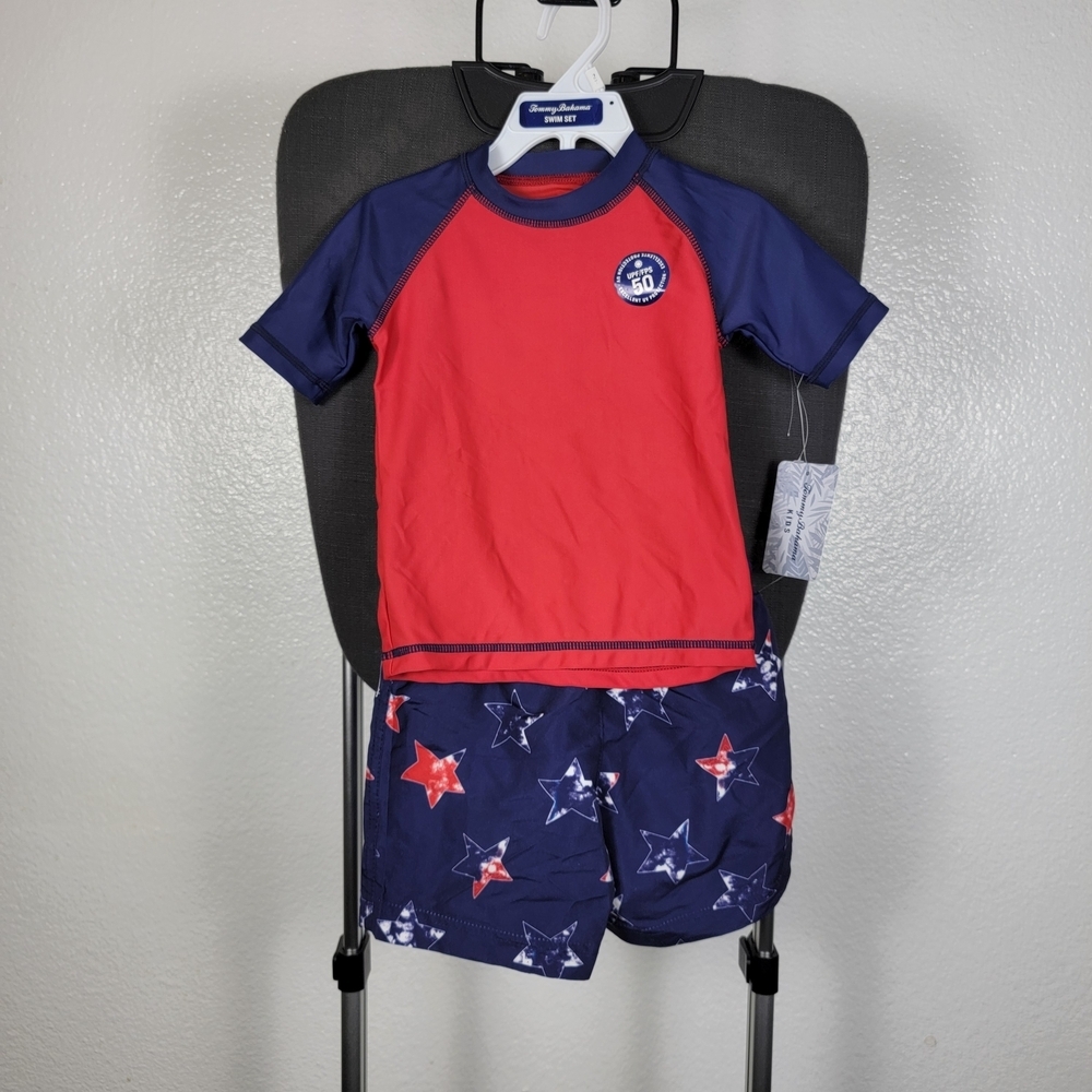 Tommy Bahama Infant Boy's 2 Pc Rash Guard Swimsuit Trunks Top Set Red‎ Blue 2T